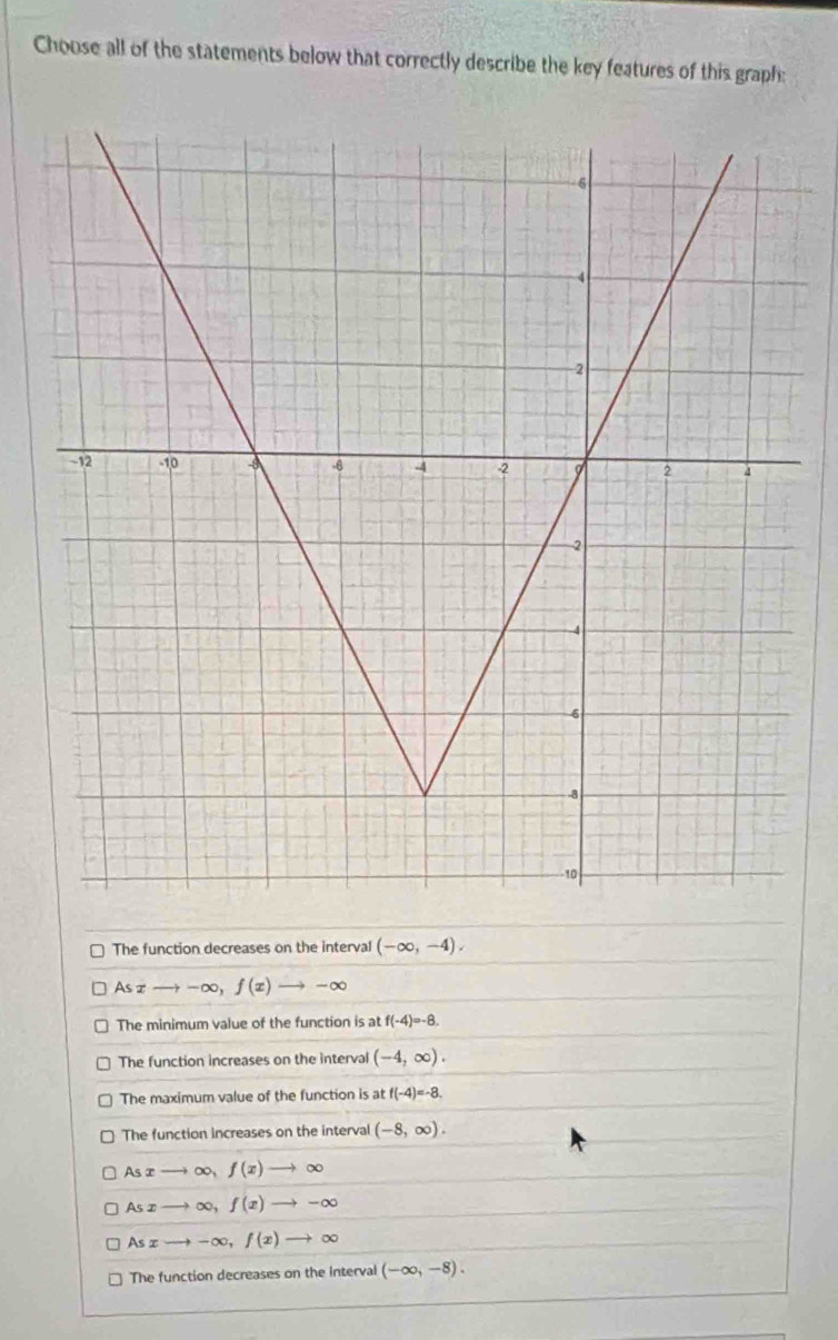 Choose all of the statements below that correctly describe the key features of this graph:
The function decreases on the interval (-∈fty ,-4).
Asxto -∈fty , f(x)to -∈fty
The minimum value of the function is at f(-4)=-8.
The function increases on the interval (-4,∈fty ).
The maximum value of the function is atf(-4)=-8
The function increases on the interval (-8,∈fty ).
Asxto ∈fty , f(x)to ∈fty
Asxto ∈fty , f(x)to -∈fty
Asxto -∈fty , f(x)to ∈fty
The function decreases on the Interval (-∈fty ,-8).