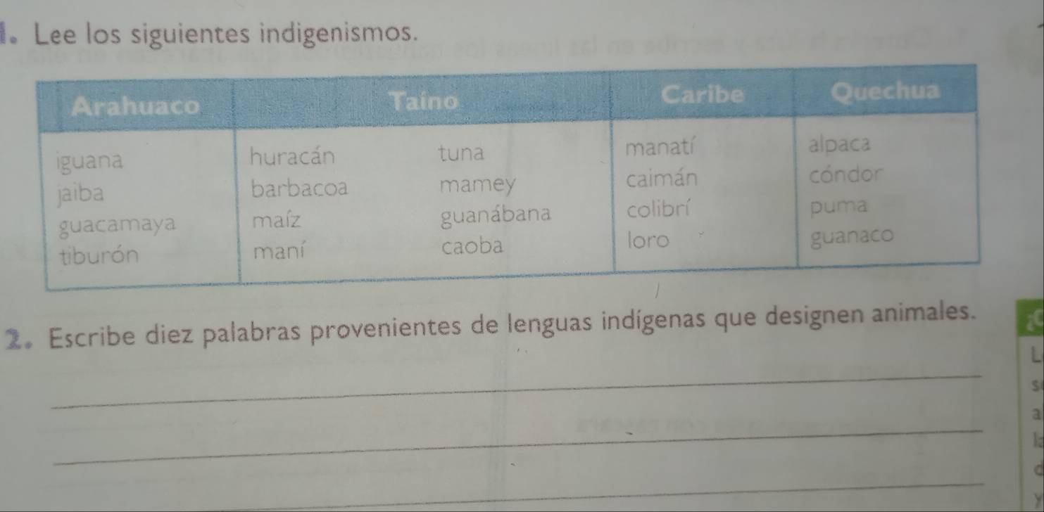 Lee los siguientes indigenismos. 
2。 Escribe diez palabras provenientes de lenguas indígenas que designen animales. i 
_ 
L 
S 
_ 
a 
_