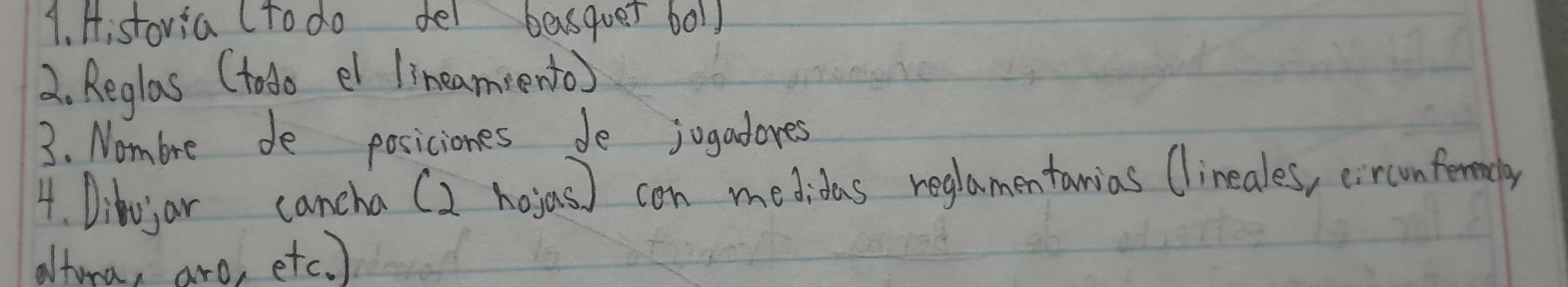 Historia (to do del besquet boll 
2. Reglas (todo el lineamiento) 
3. Nombre de posiciones de jugadores 
4. Dibujar cancha C2 hojas ) con medidas reglamentanias Clineales, eirconferemay 
altura, aro, etc. )