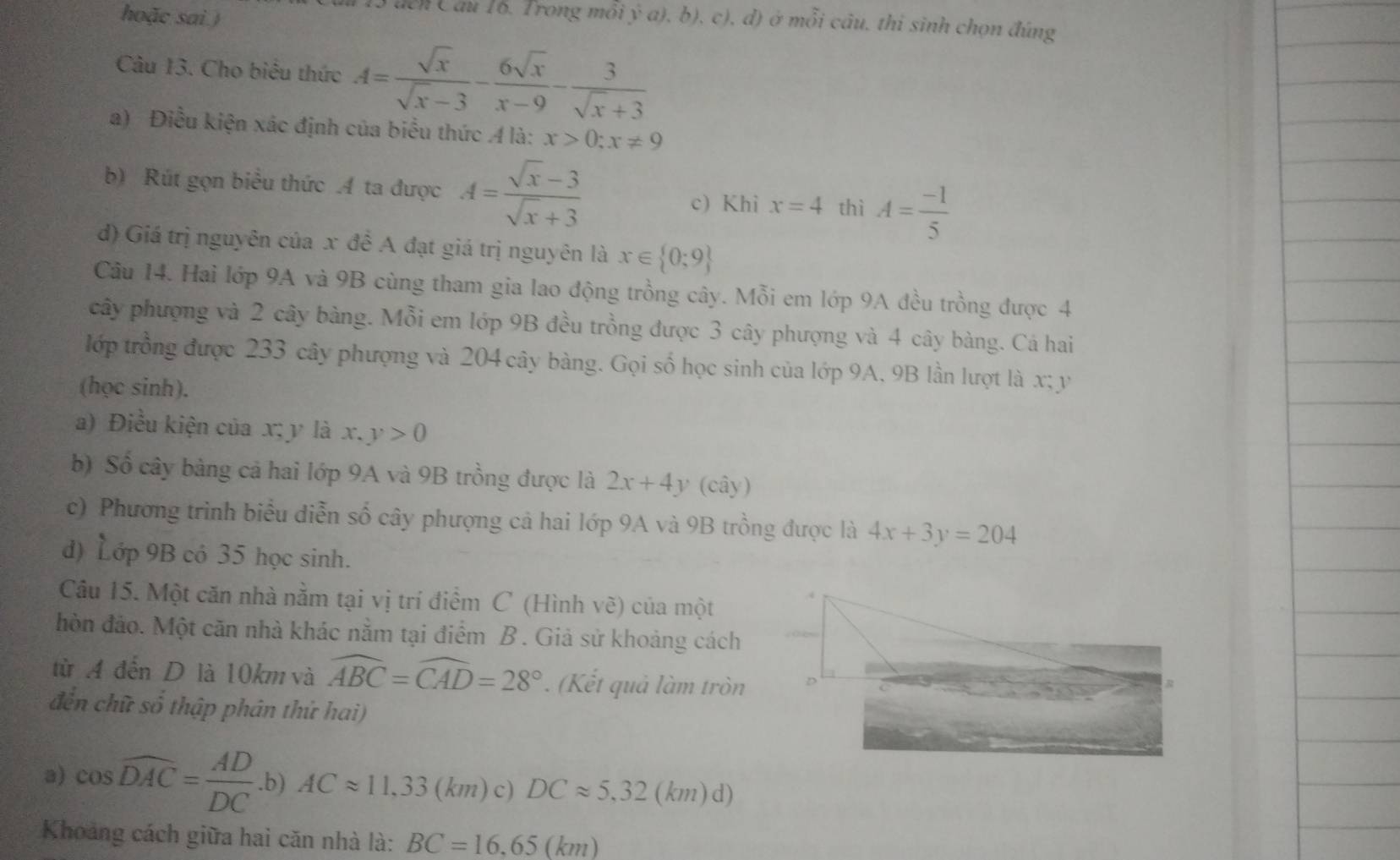 hoặc sai )
Ccn Câu 16. Trong môi va),b) , c), d) ở mỗi câu, thi sinh chọn đúng
Câu 13. Cho biểu thức A= sqrt(x)/sqrt(x)-3 - 6sqrt(x)/x-9 - 3/sqrt(x)+3 
a) Điều kiện xác định của biểu thức A là: x>0;x!= 9
b) Rút gọn biểu thức 4 ta được A= (sqrt(x)-3)/sqrt(x)+3  x=4 thì A= (-1)/5 
c) Khi
d) Giá trị nguyên của x đề A đạt giá trị nguyên là x∈  0;9
Câu 14. Hai lớp 9A và 9B cùng tham gia lao động trồng cây. Mỗi em lớp 9A đều trồng được 4
cây phượng và 2 cây bàng. Mỗi em lớp 9B đều trồng được 3 cây phượng và 4 cây bàng. Cá hai
lớp trồng được 233 cây phượng và 204 cây bàng. Gọi số học sinh của lớp 9A, 9B lần lượt là x; y
(học sinh).
a) Điều kiện của x; y là . x,y>0
b) Số cây bàng cả hai lớp 9A và 9B trồng được là 2x+4y(chat ay)
c) Phương trình biểu diễn số cây phượng cả hai lớp 9A và 9B trồng được là 4x+3y=204
d) Lớp 9B có 35 học sinh.
Câu 15. Một căn nhà nằm tại vị trí điểm C (Hình vẽ) của một
hòn đảo. Một căn nhà khác nằm tại điểm B . Giả sử khoảng cách
từ A đến D là 10km và widehat ABC=widehat CAD=28°. (Kết quả làm tròn D
đến chữ số thập phân thứ hai)
a) cos widehat DAC= AD/DC .b) ACapprox 11,33 (km)c) DCapprox 5,32(km)d)
Khoảng cách giữa hai căn nhà là: BC=16.65(km)