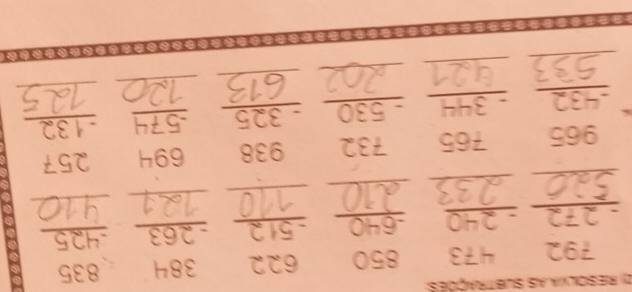 Resolva as subtrações
S50
beginarrayr 792 -272 hline endarray beginarrayr 473 -240 hline endarray -64 L beginarrayr 622 -512 hline endarray
beginarrayr 835 -425 hline endarray
_ 
_ 
_ 
_ 
_ 
_
965 765 732 938 694 beginarrayr 257 -132 hline endarray _ 
_ 
_ 
~ _ -344 -55 0 _ -325 574
_ 
_ 
_ 
_ 
_