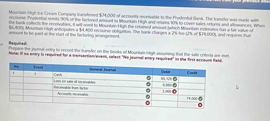 previous tt 
Mountain High Ice Cream Company transferred $74,000 of accounts receivable to the Prudential Bank. The transfer was made with 
recourse. Prudential remits 90% of the factored amount to Mountain High and retains 10% to cover sales returns and allowances. When 
the bank collects the receivables, it will remit to Mountain High the retained amount (which Mountain estimates has a fair value of
$6,400). Mountain High anticipates a $4,400 recourse obligation. The bank charges a 2% fee (2% of $74,000), and requires that 
amount to be paid at the start of the factoring arrangement. 
Required: 
Prepare the journal entry to record the transfer on the books of Mountain High assuming that the sale criteria are met. 
Note: If no entry is required for a transaction/event, select "No journal entry required" in the first account