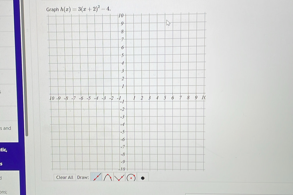 h(x)=3(x+2)^2-4. 
s and 
tic, 
s 
Clear All Draw: 
ns;