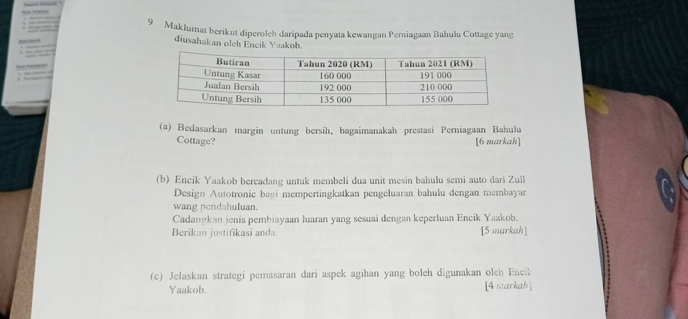 Maklumat berikut diperoleh daripada penyata kewangan Perniagaan Bahulu Cottage yang 
diusahakan oleh Encik Yaakob. 
(a) Bedasarkan margin untung bersih, bagaimanakah prestasi Perniagaan Bahulu 
Cottage? [6 markah] 
(b) Encik Yaakob bercadang untuk membeli dua unit mesin bahulu semi auto dari Zull 
Design Autotronic bagi mempertingkatkan pengeluaran bahulu dengan membayar 
wang pendahuluan. 
Cadangkan jenis pembiayaan luaran yang sesuai dengan keperluan Encik Yaakob. 
Berikan justifikasi anda. [5 markah] 
(c) Jelaskan strategi pemasaran dari aspek agihan yang boleh digunakan olch Encik 
Yaakob. [4 markah]