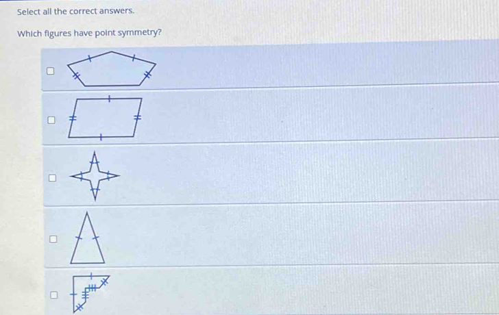 Select all the correct answers. 
Which figures have point symmetry?