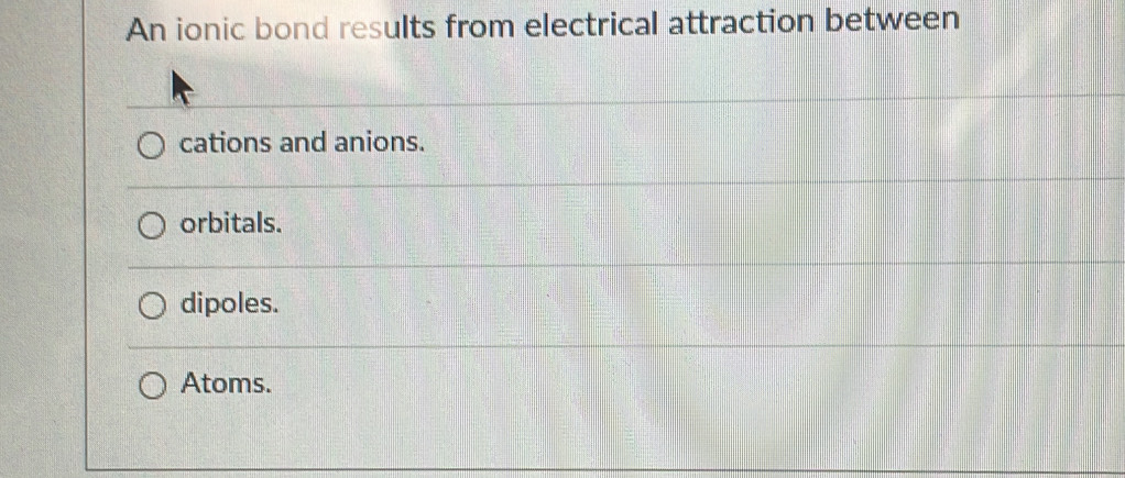 An ionic bond results from electrical attraction between
cations and anions.
orbitals.
dipoles.
Atoms.