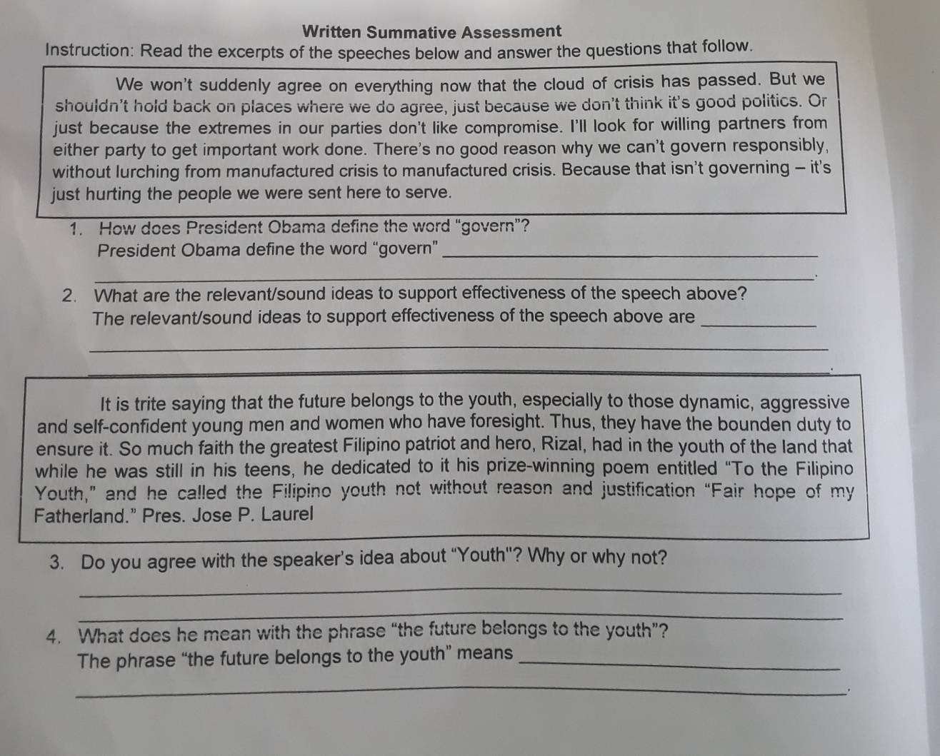 Solved: Written Summative Assessment Instruction: Read the excerpts of ...