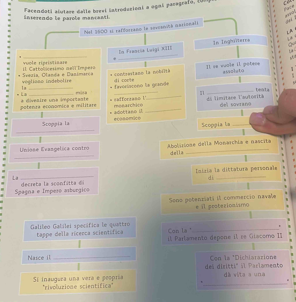 Facendoti aiutare dalle brevi introduzioni a ogni paragrafo, cou 
Col 
Pace 
assol 
inserendo le parole mancanti. 
dei 
Nel 1600 si rafforzano le sovranità nazionali 
LA 
Qu 
In Francia Luigi XIII In Inghilterra 
La 
la< 
_ 
e 
_ 
sta 
vuole ripristinare 
il Cattolicesimo nell'Impero 
Svezia, Olanda e Danimarca contrastano la nobiltà Il re vuole il potere 
assoluto 
1 
vogliono indebolire di corte 
s 
_ 
la_ 
favoriscono la grande 
_tenta 
La_ 
mira Il 
a divenire una importante rafforzano l' 
_di limitare l'autorità 
potenza economica e militare monarchico del sovrano 
adottano il 
_ 
Scoppia la economico 
_ 
Scoppia la_ 
Unione Evangelica contro Abolizione della Monarchia e nascita 
_ 
della 
a 
La _Inizia la dittatura personale 
di 
decreta la sconfitta di 
Spagna e Impero asburgico 
Sono potenziati il commercio navale 
e il protezionismo 
Galileo Galilei specifica le quattro_ 
tappe della ricerca scientifica Con la " 
il Parlamento depone il re Giacomo II 
Nasce il _Con la "Dichiarazione 
dei diritti" il Parlamento 
Si inaugura una vera e propria dà vita a una 
"rivoluzione scientifica" 
_