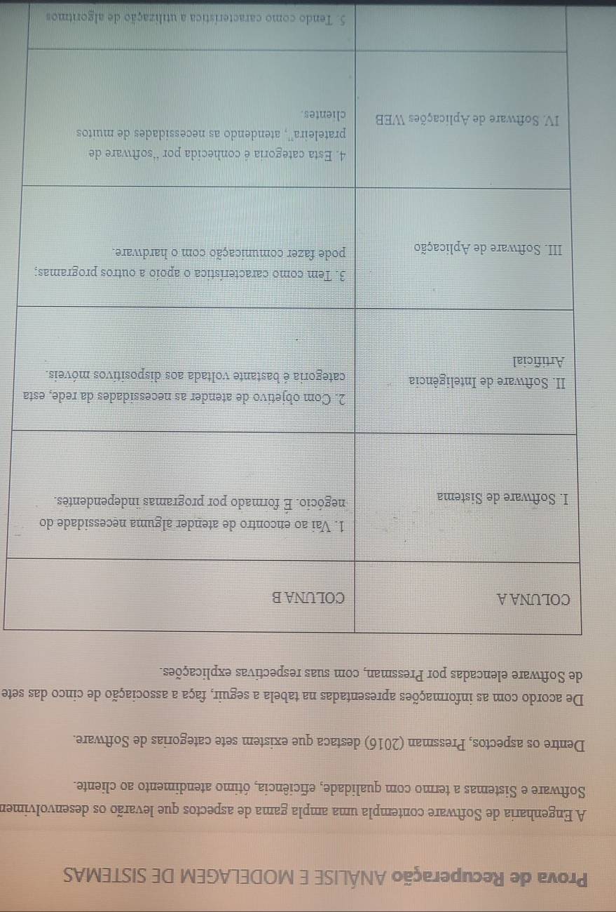 Prova de Recuperação ANÁLISE E MODELAGEM DE SISTEMAS 
A Engenharia de Software contempla uma ampla gama de aspectos que levarão os desenvolvimen 
Software e Sistemas a termo com qualidade, eficiência, ótimo atendimento ao cliente. 
Dentre os aspectos, Pressman (2016) destaca que existem sete categorias de Software. 
De acordo com as informações apresentadas na tabela a seguir, faça a associação de cinco das sete 
de Software elencadas por Pressman, com suas respectivas explicações. 
sta 
; 
5. Tendo como característica a utilização de algoritmos