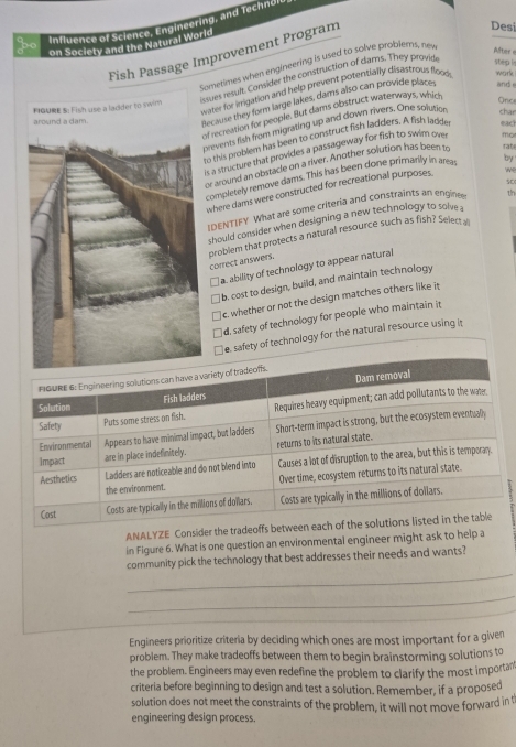 Influence of Science, Engineering, and Technol
on Society and the Natural World
Fish Passage Improvement Program
Desi
Sometimes when engineering is used to solve problems, ne
After =
issues result. Consider the construction of dams. They provide
step l
water for irrigation and help prevent potentially disastrous flood work
Ono
lecause they form large lakes, dams also can provide place and
of recreation for people. But dams obstruct waterways, which,
prevents fish from migrating up and down rivers. One solution chan
to this problem has been to construct fish ladders. A fish ladde eaci
is a structure that provides a passageway for fish to swim ow mo
or!
or around an obstacle on a river. Another solution has been to
rate
completely remove dams. This has been done primarily in area
where dams were constructed for recreational purposes w
IDENTIFY What are some criteria and constraints an engine sC
should consider when designing a new technology to solve th
correct answers. problem that protects a natural resource such as fish? Select a
a. ability of technology to appear natural
b. cost to design, build, and maintain technology
c. whether or not the design matches others like it
d. safety of technology for people who maintain it
e. safety of technology for the natural resource using it
ANALYZE Consider the trad
in Figure 6. What is one question an environmental engineer might ask to help a
_
community pick the technology that best addresses their needs and wants?
_
_
Engineers prioritize criteria by deciding which ones are most important for a given
problem. They make tradeoffs between them to begin brainstorming solutions to
the problem. Engineers may even redefine the problem to clarify the most importan
criteria before beginning to design and test a solution. Remember, if a proposed
solution does not meet the constraints of the problem, it will not move forward in t
engineering design process