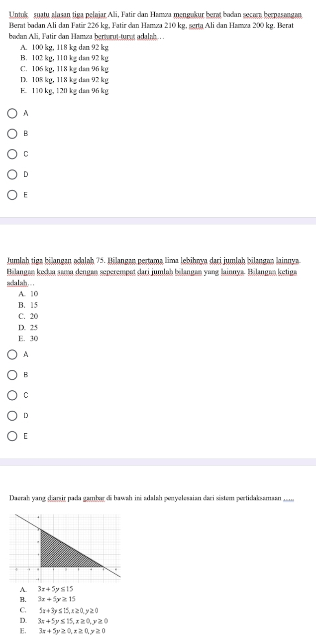 Untuk suatu alasan tiga pelajar Ali, Fatir dan Hamza mengukur berat badan secara berpasangan
Berat badan Ali dan Fatir 226 kg, Fatir dan Hamza 210 kg, serta Ali dan Hamza 200 kg. Berat
badan Ali, Fatir dan Hamza berturut-turut adalah..
A. 100 kg, 118 kg dan 92 kg
B. 102 kg, 110 kg dan 92 kg
C. 106 kg, 118 kg dan 96 kg
D. 108 kg, 118 kg dan 92 kg
E. 110 kg, 120 kg dan 96 kg
A
B
C
D
E
Jumlah tiga bilangan adalah 75. Bilangan pertama lima lebihnya dari jumlah bilangan lainnya.
Bilangan kedua sama dengan seperempat dari jumlah bilangan yang lainnya. Bilangan ketiga
adalah. . .
A. 10
B. 15
C. 20
D. 25
E. 30
A
B
C
D
E
Daerah yang diarsir pada gambar di bawah ini adalah penyelesaian dari sistem pertidaksamaan …....
A. 3x+5y≤ 15
B. 3x+5y≥ 15
C. 5x+3y≤ 15, x≥ 0, y≥ 0
D. 3x+5y≤ 15, x≥ 0, y≥ 0
E. 3x+5y≥ 0, x≥ 0, y≥ 0