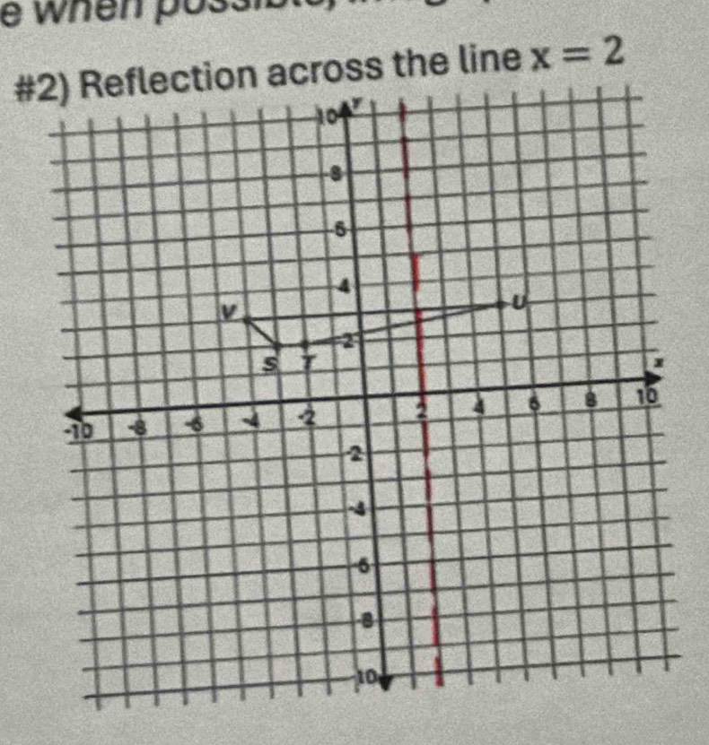 #2) Reflection across the line x=2
10 a
-8
-5
4
v
U
2
s I
10 -8 -6 -4 2 2 4 6 8 10
2
-4
6
-8
10