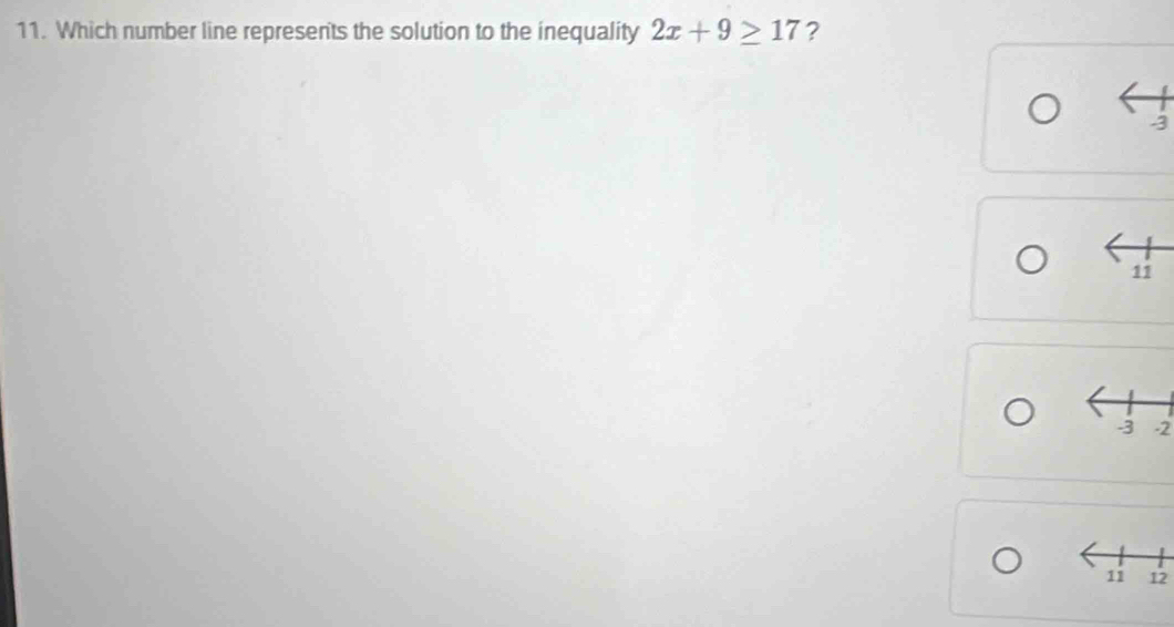 Which number line represents the solution to the inequality 2x+9≥ 17 ?
-3
11
-2
12