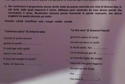 Per cominciare ti proponiamo alcune strofe tratte da poesie costruite con rime di diverso tipo, le 
più facili, delle quali imparerai il nome. Abbiamo però eliminato da esse alcune parole che 
concludono il verso. Ricostruisci ciascuna poesia inserendo le parole mancanti, che dovrai 
scegliere tra quelle elencate qui sotto: 
ricevuto - campi - smorfiosa - sera - scoppi - scialle - ranelle 
'L'amorosa spina'' di Umberto Saba 'La mia sera'' di Giovanni Pascoli 
Guarda là quella vezzosa giorno fu pieno di lampi 
guarda là quella_ ma ora verranno le stelle 
Si restringe nelle spalle le tacite stelle. Nei_ 
tiene il viso nello._ c'è un breve gre gre di_ 
O qual mai castigo ha avuto? Le tremule foglie dei pioppi 
Nulla. Un bacio ha_ trascorre una gioia leggiera 
Nel giorno che lampi 
che_ 
che pace la _1