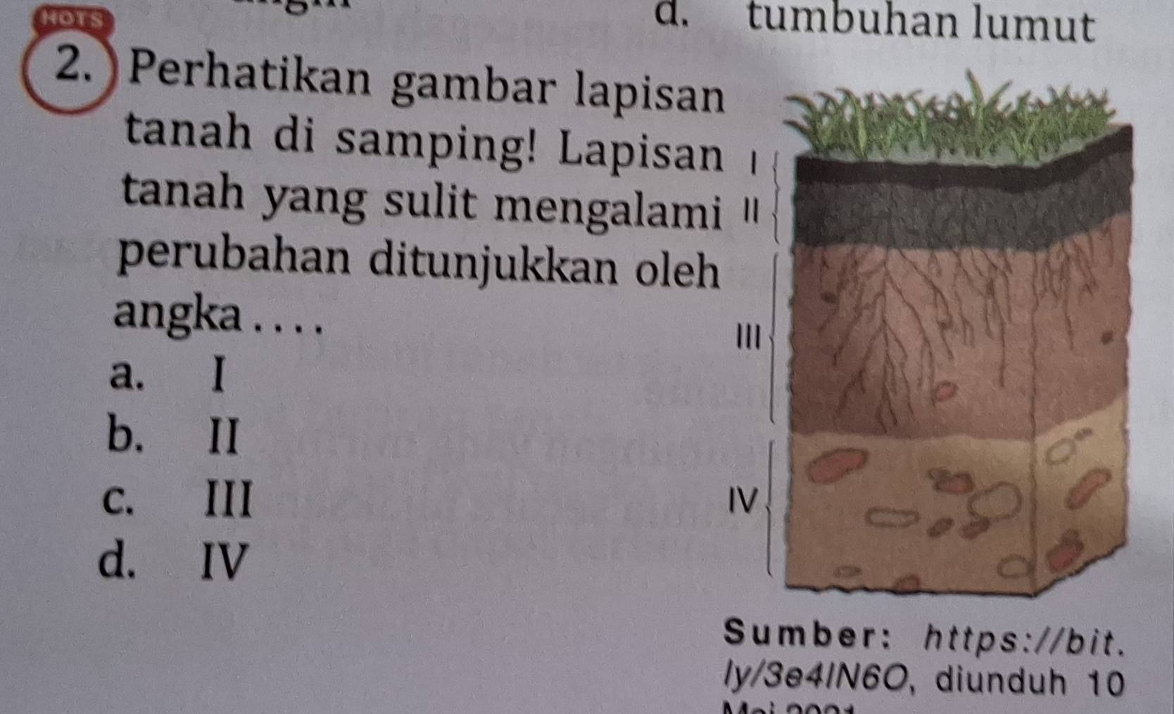 HOTS d. tumbuhan lumut
2. Perhatikan gambar lapisan
tanah di samping! Lapisan
tanah yang sulit mengalami
perubahan ditunjukkan oleh
angka . . . .
a. I
b. II
c. III
d. IV
Sumber: https://bit.
ly/3e4IN6O, diunduh 10