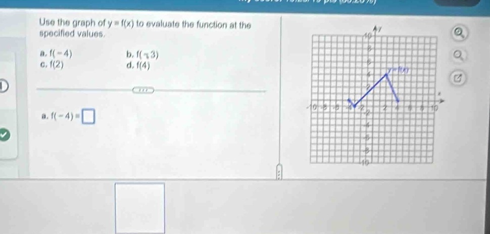 Use the graph of y=f(x) to evaluate the function at the
specified values.
a, f(-4) b. f(-3) Q
c. f(2) d. f(4)
z
a. f(-4)=□