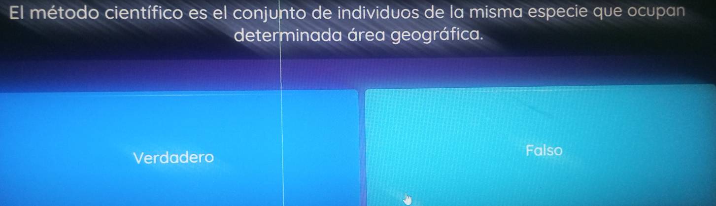 El método científico es el conjunto de individuos de la misma especie que ocupan
determinada área geográfica.
Verdadero Falso