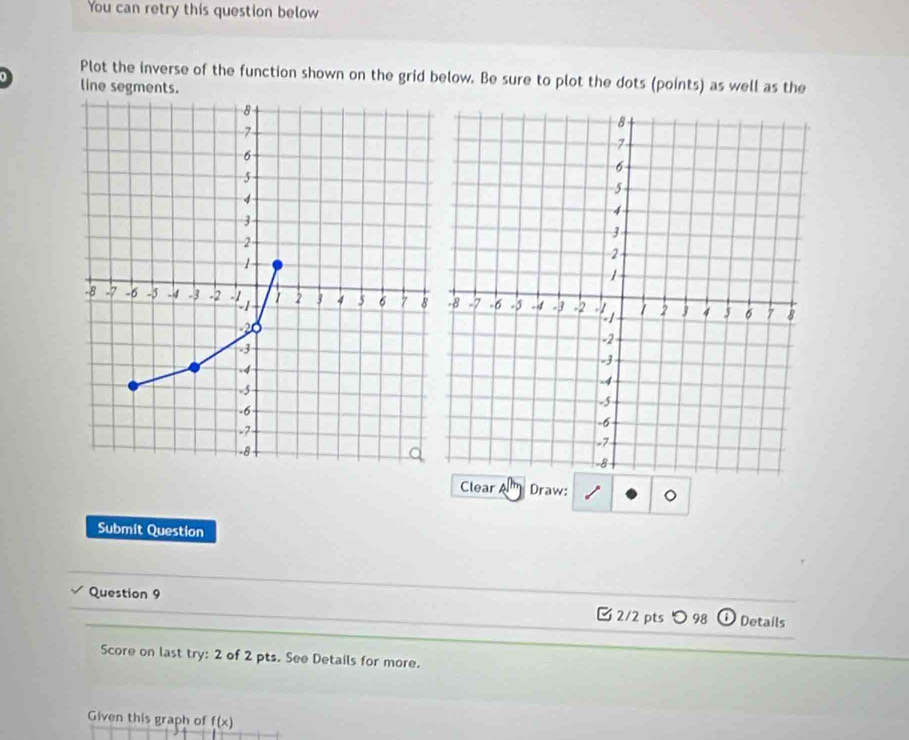 You can retry this question below 
Plot the inverse of the function shown on the grid below. Be sure to plot the dots (points) as well as the 
line segments. 
Clear Draw: 
Submit Question 
Question 9 2/2 pts つ 98 Details 
Score on last try: 2 of 2 pts. See Details for more. 
Given this graph of f(x)