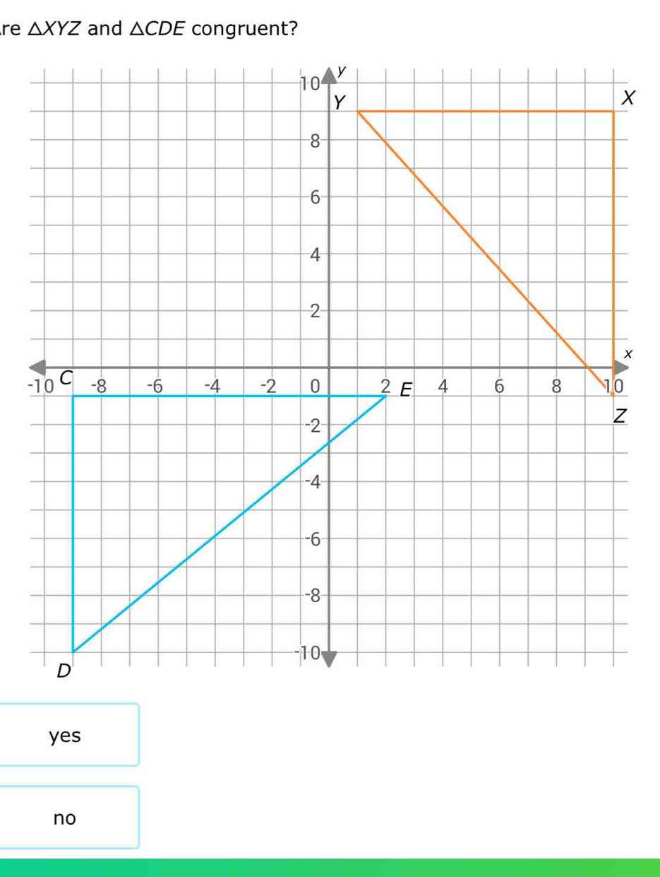 re △ XYZ and △ CDE congruent?
yes
no