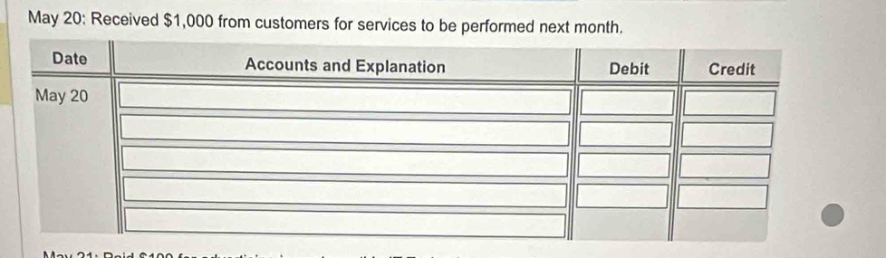 May 20: Received $1,000 from customers for services to be performed next month.