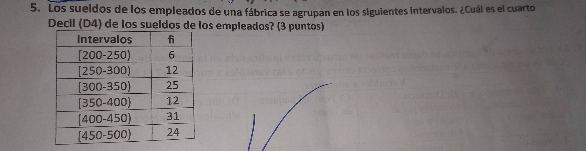 Los sueldos de los empleados de una fábrica se agrupan en los siguientes intervalos. ¿Cuál es el cuarto
Decil (D4) de los sueldos de los empleados? (3 puntos)