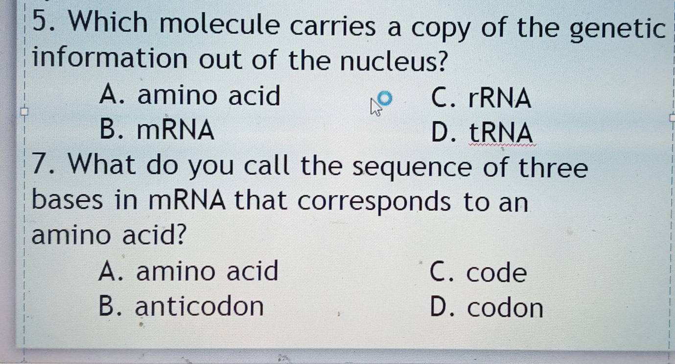 Which molecule carries a copy of the genetic
information out of the nucleus?
A. amino acid C. rRNA
B. mRNA D. tRNA
7. What do you call the sequence of three
bases in mRNA that corresponds to an
amino acid?
A. amino acid C. code
B. anticodon D. codon