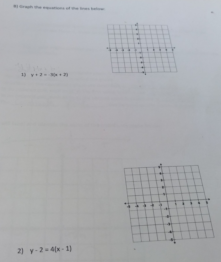 Graph the equations of the lines below:
1) y+2=-3(x+2)
2) y-2=4(x-1)