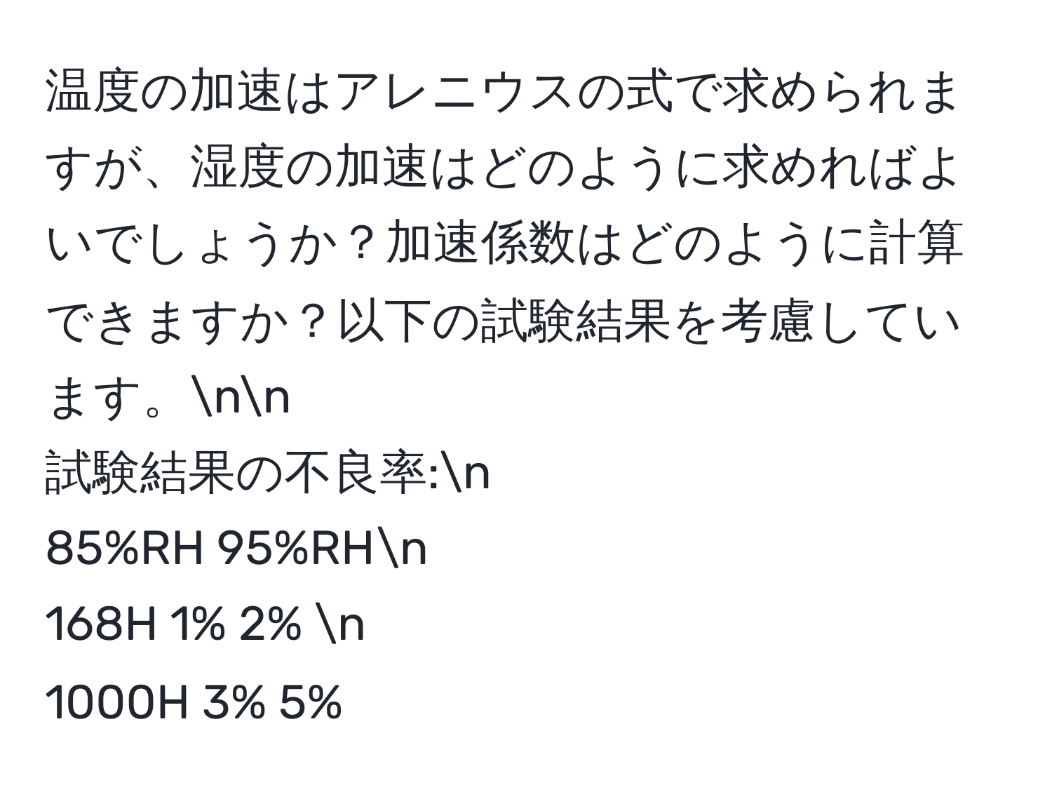 温度の加速はアレニウスの式で求められますが、湿度の加速はどのように求めればよいでしょうか？加速係数はどのように計算できますか？以下の試験結果を考慮しています。nn
試験結果の不良率:n
85%RH    95%RHn
168H    1%       2%   n
1000H   3%       5%