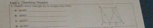 Tople 1: Classifying Triangles 
1. Classify each triangle by its angles and sides 
a. △ ABE _ 
b. △ BEC _ 
C. △ DEF. _ 
d. △ CDF. _