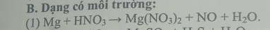 Dạng có mồi trường: 
(1) Mg+HNO_3to Mg(NO_3)_2+NO+H_2O.