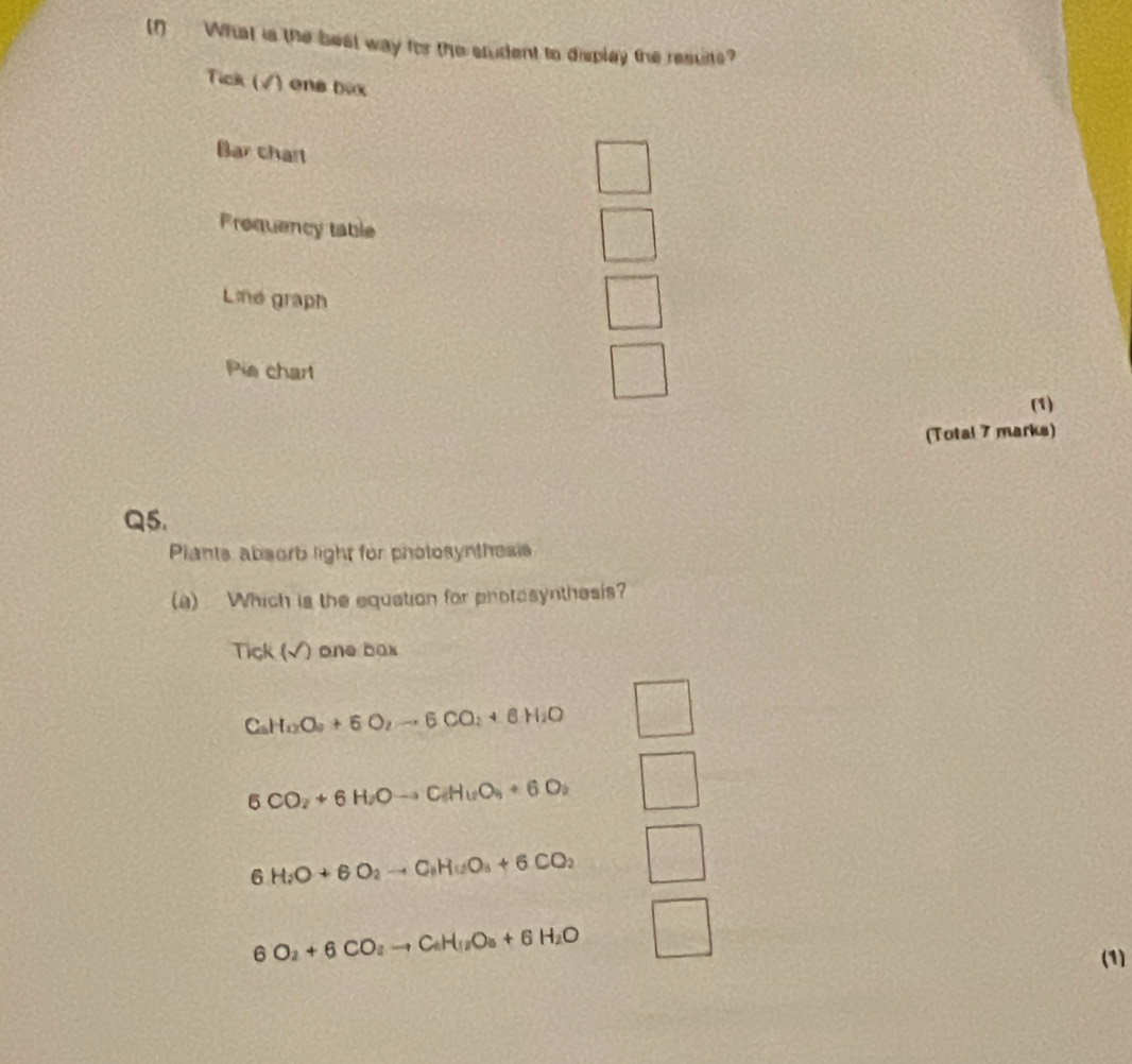 (1) What is the best way for the srudent to display the resuits?
Tick (√) ene tux
Bar chart
Prequency table
Lne graph
Pie chart
(1)
(Total 7 marks)
Q5.
Piants absorb light for photosynthesis
(a) Which is the equation for photesynthesis?
Tick f ) one box
C_2H_12O_9+6O_2to 6CO_2+6H_2O
6CO_2+6H_2Oto C_6H_18O_4+6O_2
6H_2O+6O_2to C_6H_10O_8+6CO_2
6O_2+6CO_2to C_6H_12O_6+6H_2O
(1)