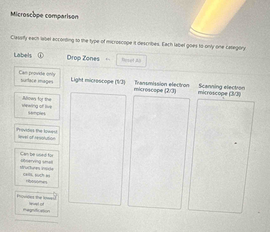Microscope comparison
Classify each label according to the type of microscope it describes. Each label goes to only one category
Labels Drop Zones Reset All
Can provide only
surface images Light microscope (1/3) Transmission electron Scanning electron
microscope (2/3) microscope (3/3)
Allows for the
viewing of live
samples
Provides the lowest
level of resolution
Can be used for
observing small
structures inside
cells, such as
ribosomes
Provides the lowest
level of
magnification
