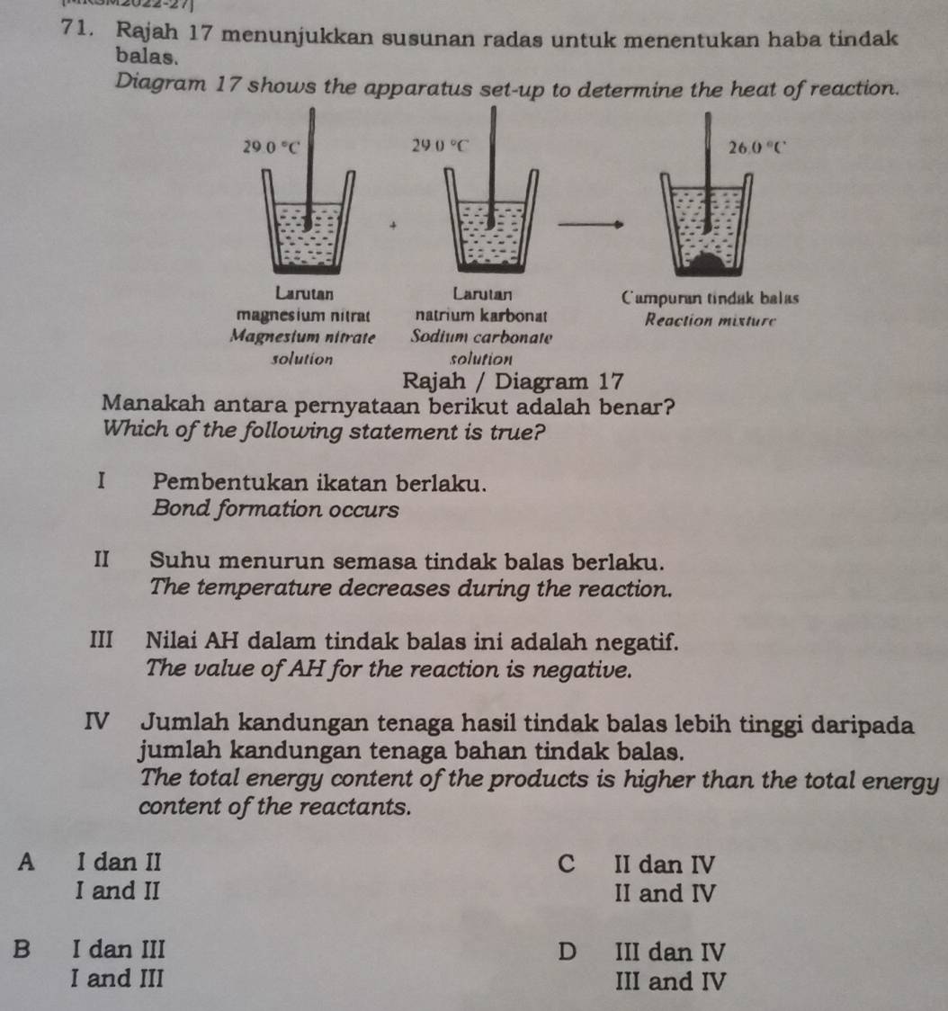 2022-27
71. Rajah 17 menunjukkan susunan radas untuk menentukan haba tindak
balas.
Diagram 17 shows the apparatus set-up to determine the heat of reaction.
290°C
26.0°C
+
Larutan Campuran tindak balas
magnesium nitrat natrium karbonat Reaction mixture
Magnesium nitrate Sodium carbonate
solution solution
Rajah / Diagram 17
Manakah antara pernyataan berikut adalah benar?
Which of the following statement is true?
I Pembentukan ikatan berlaku.
Bond formation occurs
II Suhu menurun semasa tindak balas berlaku.
The temperature decreases during the reaction.
III Nilai AH dalam tindak balas ini adalah negatif.
The value of AH for the reaction is negative.
IV Jumlah kandungan tenaga hasil tindak balas lebih tinggi daripada
jumlah kandungan tenaga bahan tindak balas.
The total energy content of the products is higher than the total energy
content of the reactants.
A I dan II C II dan IV
I and II II and IV
B I dan III D III dan IV
I and III III and IV