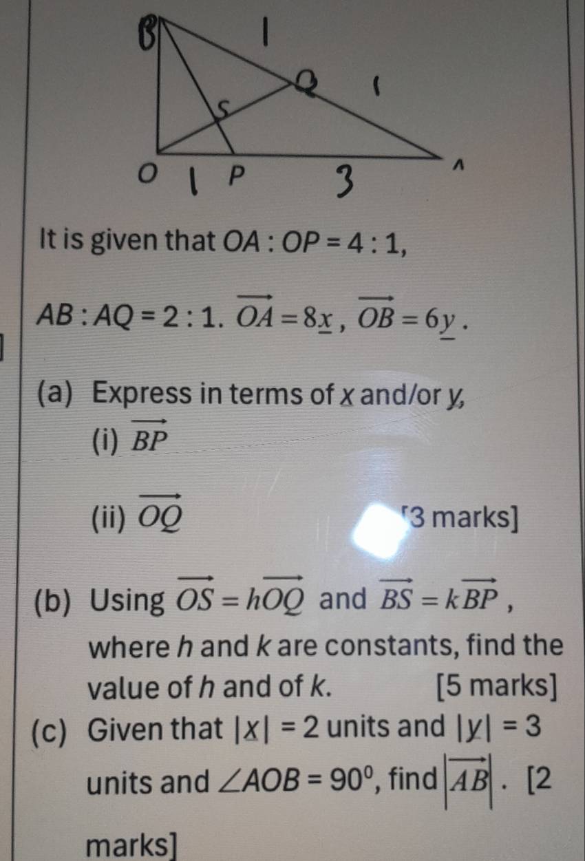 It is given that OA:OP=4:1,
AB:AQ=2:1. vector OA=8_ x, vector OB=6_ y. 
(a) Express in terms of x and/or y
(i) vector BP
(ii) vector OQ [3 marks] 
(b) Using vector OS=hvector OQ and vector BS=kvector BP, 
where h and k are constants, find the 
value of h and of k. [5 marks] 
(c) Given that |x|=2 units and |y|=3
units and ∠ AOB=90° , find |vector AB|. [2 
marks]