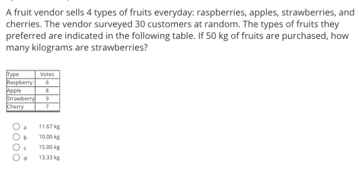 A fruit vendor sells 4 types of fruits everyday: raspberries, apples, strawberries, and
cherries. The vendor surveyed 30 customers at random. The types of fruits they
preferred are indicated in the following table. If 50 kg of fruits are purchased, how
many kilograms are strawberries?
a 11.67 kg
b 10.00 kg
C 15.00 kg
d 13.33 kg