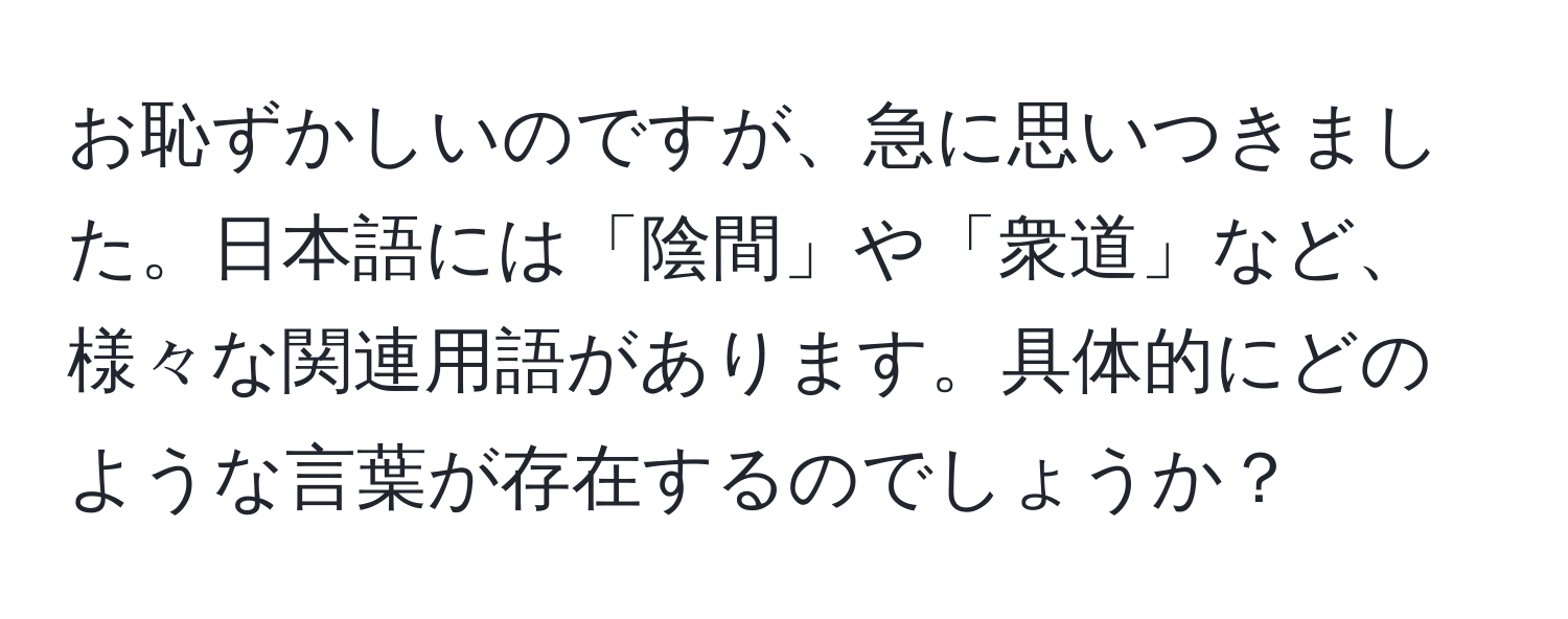 お恥ずかしいのですが、急に思いつきました。日本語には「陰間」や「衆道」など、様々な関連用語があります。具体的にどのような言葉が存在するのでしょうか？