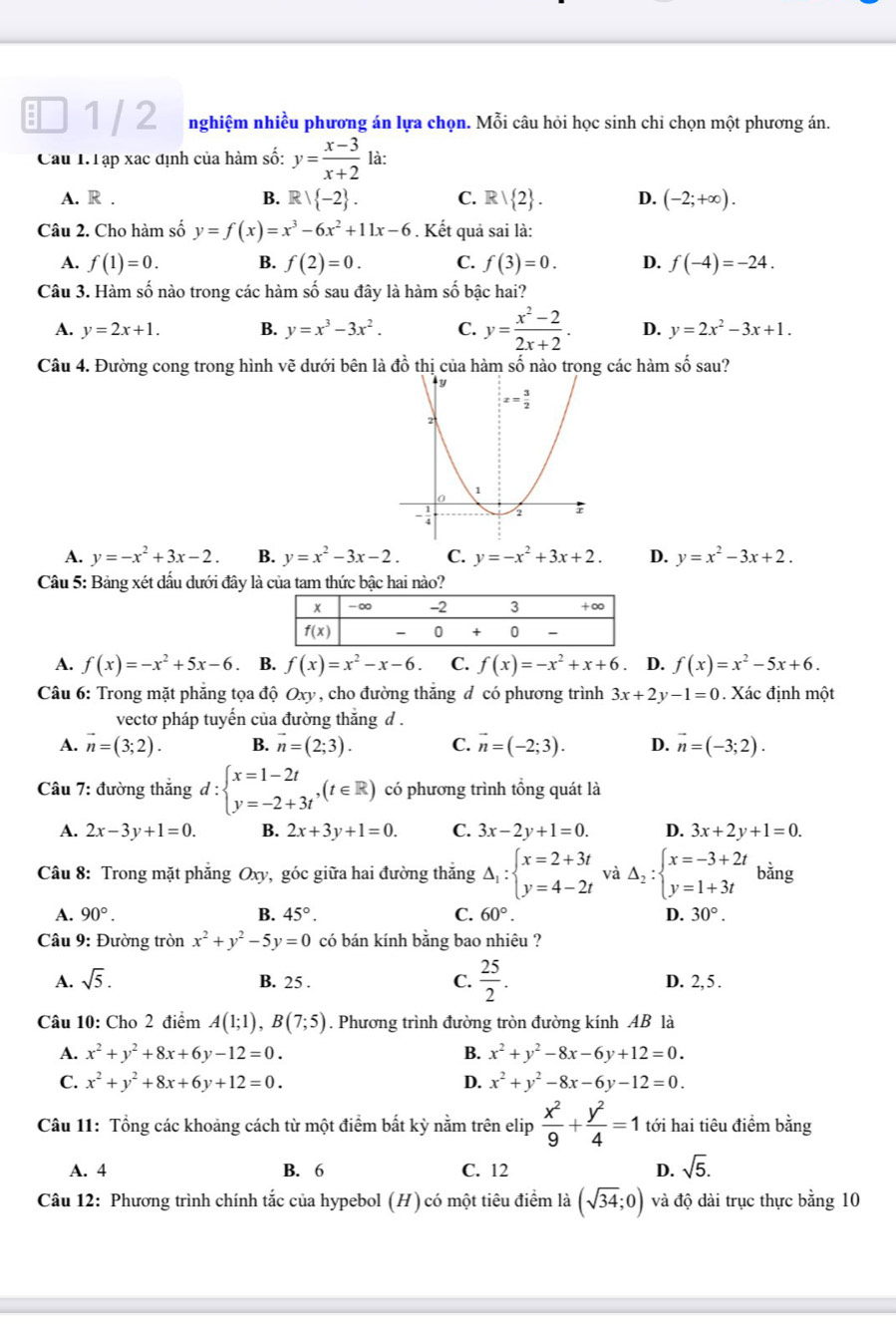 1 / 2 nghiệm nhiều phương án lựa chọn. Mỗi câu hỏi học sinh chi chọn một phương án.
Cau 1.Tập xac định của hàm số: y= (x-3)/x+2  là:
A. R . B. Rvee  -2 . C. R| 2 . D. (-2;+∈fty ).
Câu 2. Cho hàm số y=f(x)=x^3-6x^2+11x-6. Kết quả sai là:
A. f(1)=0. B. f(2)=0. C. f(3)=0. D. f(-4)=-24.
Câu 3. Hàm số nào trong các hàm số sau đây là hàm số bậc hai?
A. y=2x+1. B. y=x^3-3x^2. C. y= (x^2-2)/2x+2 . D. y=2x^2-3x+1.
Câu 4. Đường cong trong hình vẽ dưới bên là đồ thị của hàm số nào trong các hàm số sau?
A. y=-x^2+3x-2. B. y=x^2-3x-2. C. y=-x^2+3x+2. D. y=x^2-3x+2.
Câu 5: Bảng xét dấu dưới đây là của tam thức bậc hai nào?
A. f(x)=-x^2+5x-6 B. f(x)=x^2-x-6. C. f(x)=-x^2+x+6 D. f(x)=x^2-5x+6.
Câu 6: Trong mặt phẳng tọa độ Oxy, cho đường thắng đ có phương trình 3x+2y-1=0. Xác định một
vectơ pháp tuyến của đường thăng d .
A. vector n=(3;2). B. vector n=(2;3). C. vector n=(-2;3). D. vector n=(-3;2).
Câu 7: đường thắng d:beginarrayl x=1-2t y=-2+3tendarray. ,(t∈ R) có phương trình tổng quát là
A. 2x-3y+1=0. B. 2x+3y+1=0. C. 3x-2y+1=0. D. 3x+2y+1=0.
Câu 8: Trong mặt phăng Oxy , góc giữa hai đường thắng Delta _1:beginarrayl x=2+3t y=4-2tendarray. và Delta _2:beginarrayl x=-3+2t y=1+3tendarray. bǎng
A. 90°. B. 45°. C. 60°. D. 30°.
Câu 9: Đường tròn x^2+y^2-5y=0 có bán kính bằng bao nhiêu ?
A. sqrt(5). B. 25 . C.  25/2 . D. 2, 5 .
Câu 10: Cho 2 điểm A(1;1),B(7;5). Phương trình đường tròn đường kính AB là
A. x^2+y^2+8x+6y-12=0. B. x^2+y^2-8x-6y+12=0.
C. x^2+y^2+8x+6y+12=0. D. x^2+y^2-8x-6y-12=0.
Câu 11: Tổng các khoảng cách từ một điểm bất kỳ nằm trên elip  x^2/9 + y^2/4 =1 tới hai tiêu điểm bằng
A. 4 B. 6 C. 12 D. sqrt(5).
Câu 12: Phương trình chính tắc của hypebol (H) có một tiêu điểm là (sqrt(34);0) và độ dài trục thực bằng 10