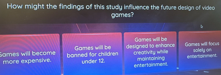 How might the findings of this study influence the future design of video
games?
Games will be
Games will be designed to enhance Games will focus
Games will become banned for children creativity while solely on
more expensive. under 12. maintaining entertainment.
entertainment.