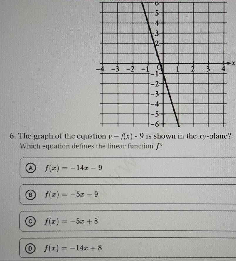 The graph of the equ?
Which equation defines the linear function f?
A f(x)=-14x-9
⑬ f(x)=-5x-9
f(x)=-5x+8
f(x)=-14x+8