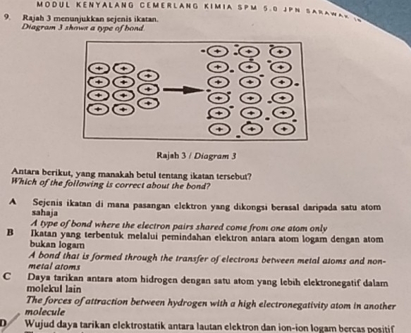 M O D U L K E N Y A LA N G CE M E R L A N G K I M IA S P M 5 D JP N SaR A W A v
9. Rajah 3 menunjukkan sejenis ikatan.
Diagram 3 shows a type of bond
Rajsh 3 / Diagram 3
Antara berikut, yang manakah betul tentang ikatan tersebut?
Which of the following is correct about the bond?
A Sejenis ikatan di mana pasangan elektron yang dikongsi berasal daripada satu atom
sahaja
A type of bond where the electron pairs shared come from one atom only
B Ikatan yang terbentuk melalui pemindahan elektron antara atom logam dengan atom
bukan logam
A bond that is formed through the transfer of electrons between metal atoms and non-
metal atoms
C Daya tarikan antara atom hidrogen dengan satu atom yang lebih elektronegatif dalam
molekul lain
The forces of attraction between hydrogen with a high electronegativity atom in another
molecule
D Wujud daya tarikan elektrostatik antara lautan elektron dan ion-ion logam bercas positif