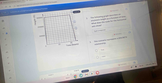 1 2al e tra h
% smfanmaiwe.com/formalives/6746a814abfcc716115cac0s

《 lan features of a Graph & Scale Additional Practice
Loom 1
* RFONHRE D
30000
2. The following graph describes an
a airplane's height as a function of time.
What does the scale for the horizontal
20000
axis show?
Type a response

MQUWD9
2 10000
3°
0 Time (hours) 20 3. This scenario represents a DISCRETE
10 relationship.
True
Yalse
MQUIRPS 8 45 0% 71
Graph 
Graph K
Dpai t