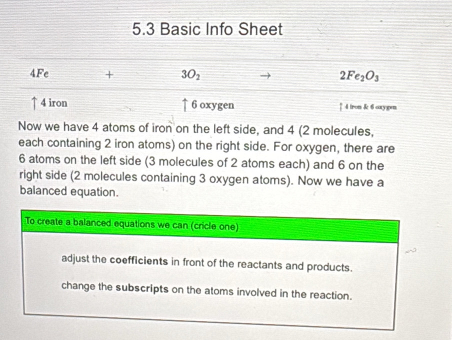 5.3 Basic Info Sheet
4Fe + 3O_2 2Fe_2O_3
↑ 4 iron ↑ 6 oxygen ↑ 4 iron & 6 oxygen 
Now we have 4 atoms of iron on the left side, and 4 (2 molecules, 
each containing 2 iron atoms) on the right side. For oxygen, there are
6 atoms on the left side (3 molecules of 2 atoms each) and 6 on the 
right side (2 molecules containing 3 oxygen atoms). Now we have a 
balanced equation.