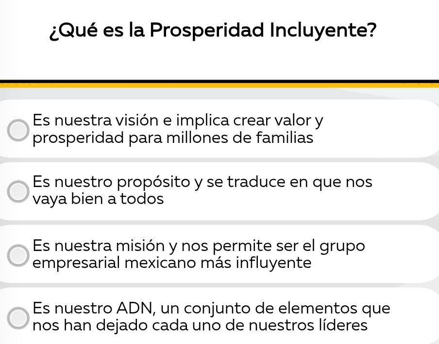 ¿Qué es la Prosperidad Incluyente?
Es nuestra visión e implica crear valor y
prosperidad para millones de familias
Es nuestro propósito y se traduce en que nos
vaya bien a todos
Es nuestra misión y nos permite ser el grupo
empresarial mexicano más influyente
Es nuestro ADN, un conjunto de elementos que
nos han dejado cada uno de nuestros líderes