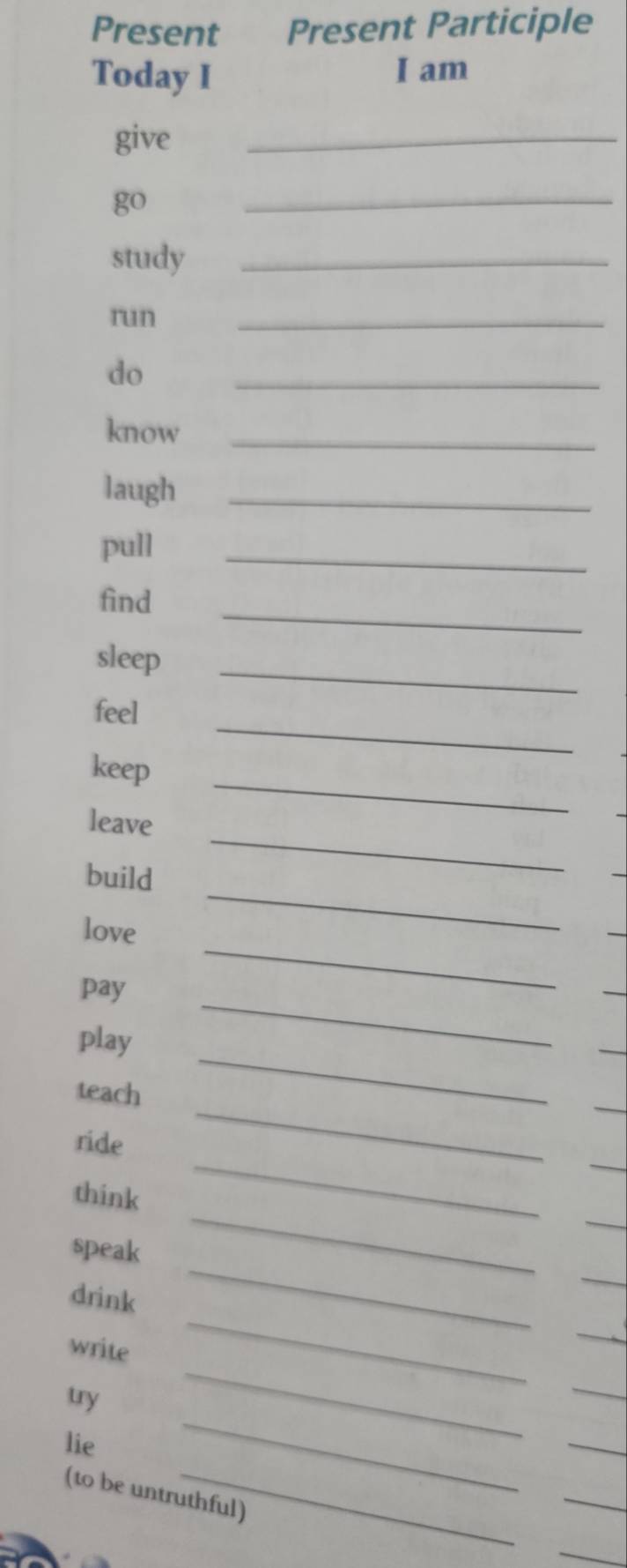 Present Present Participle 
Today I I am 
give 
_ 
go 
_ 
study_ 
run 
_ 
do 
_ 
know_ 
laugh_ 
pull 
_ 
_ 
fìnd 
sleep_ 
_ 
feel 
_ 
keep 
_ 
leave 
build 
love 
_ 
pay 
_ 
_ 
play 
_ 
_ 
teach 
_ 
ride 
think 
_ 
_ 
speak 
_ 
_ 
drink 
_ 
_ 
write 
_ 
_ 
try 
_ 
lie 
_ 
(to be untruthful) 
_ 
_