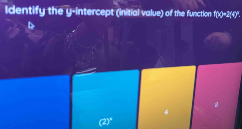 Identify the y-intercept (initial value) of the function f(x)=2(4)^x.
8
4
(2)^x