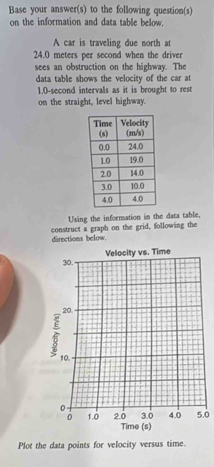 Base your answer(s) to the following question(s) 
on the information and data table below. 
A car is traveling due north at
24.0 meters per second when the driver 
sees an obstruction on the highway. The 
data table shows the velocity of the car at
1.0-second intervals as it is brought to rest 
on the straight, level highway. 
Using the information in the data table, 
construct a graph on the grid, following the 
directions below. 
.0 
Time (s) 
Plot the data points for velocity versus time.