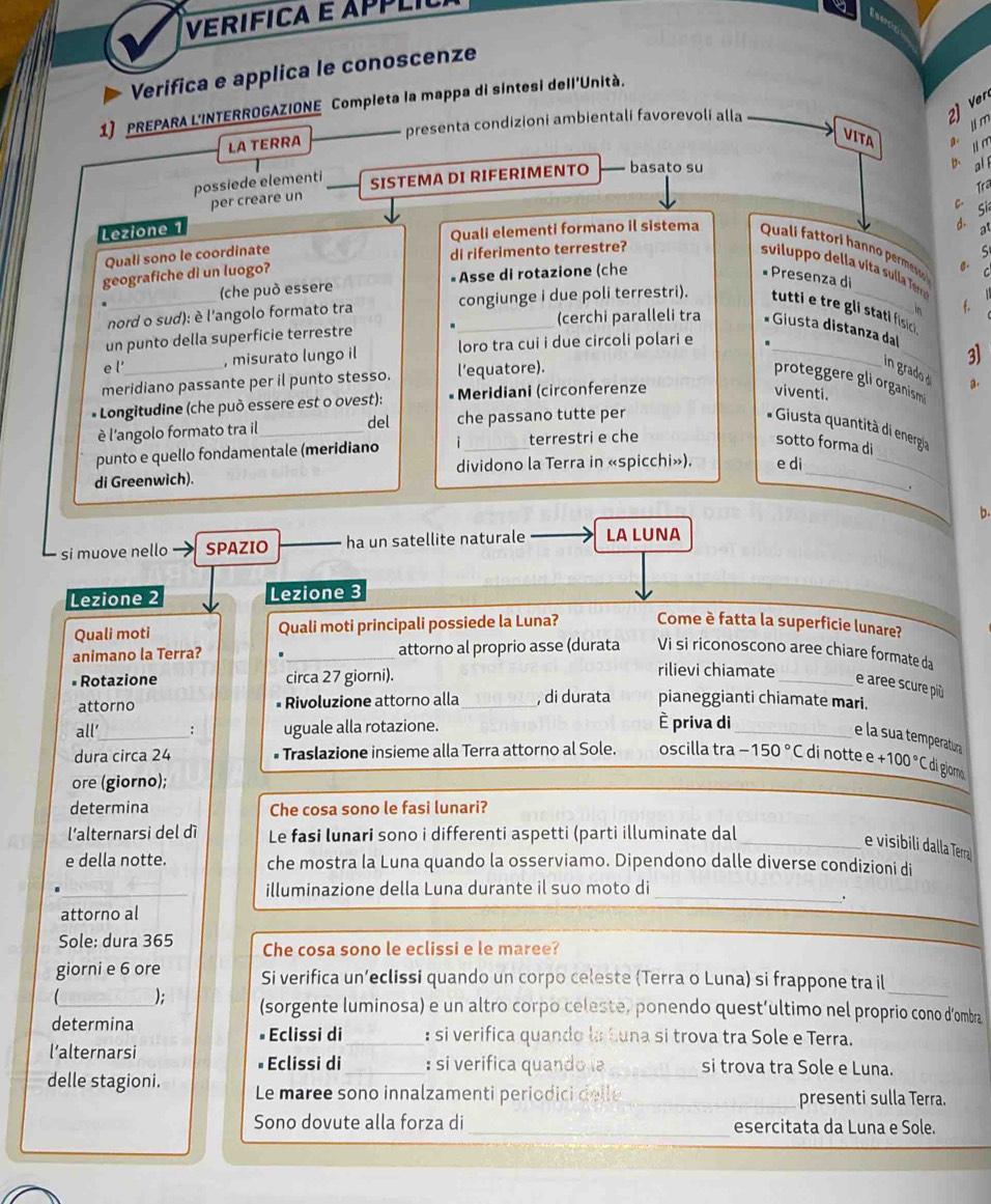 VERIFICA E APPLIo
Verifica e applica le conoscenze
1) PREPARA L'INTERROGAZIONE Completa la mappa di sintesi dell'Unità.
LA TERRA presenta condizioni ambientali favorevoli alla
2) Ver
VITA a. lm
b l n
possiede elementi SISTEMA DI RIFERIMENTO basato su
al í
Trê
per creare un
d. Si C.
Lezione 1 at
Quali elementi formano il sistema  Quali fattori hanno permes S
Quali sono le coordinate
geografiche di un luogo? di riferimento terrestre?  sviluppo della vita sulla Te
(che può essere Asse di rotazione (che Presenza di 0. C
in f.
nord o sud): è l'angolo formato tra congiunge i due poli terrestri).  tutti e tre gli stati fisici 
_
un punto della superficie terrestre _(cerchi paralleli tra * Giusta distanza dal
e l' , misurato lungo il loro tra cui i due circoli polari e_
3)
in grado a.
meridiano passante per il punto stesso. l’equatore). proteggere gli organism
* Longitudine (che può essere est o ovest): * Meridiani (circonferenze
viventi.
è l'angolo formato tra il_ del che passano tutte per
_
*  Giusta quantità di energia
punto e quello fondamentale (meridiano i_ terrestri e che
sotto forma di
di Greenwich). dividono la Terra in «spicchi»). e di_
b.
si muove nello SPAZIO ha un satellite naturale LA LUNA
Lezione 2 Lezione 3
Quali moti Quali moti principali possiede la Luna? Come è fatta la superficie lunare?
animano la Terra? _attorno al proprio asse (durata Vi si riconoscono aree chiare formate da
# Rotazione circa 27 giorni).
rilievi chiamate_ e aree scure più
attorno Rivoluzione attorno alla _, di durata pianeggianti chiamate mari.
all'_ ; uguale alla rotazione. È priva di_
e la sua temperatura
dura circa 24 # Traslazione insieme alla Terra attorno al Sole. oscilla tra -150° C di notte e +100°C di gior
ore (giorno);
determina Che cosa sono le fasi lunari?
l'alternarsi del dì Le fasi lunari sono i differenti aspetti (parti illuminate dal
_e visibili dalla Terra
e della notte. che mostra la Luna quando la osserviamo. Dipendono dalle diverse condizioni di
illuminazione della Luna durante il suo moto di
_.
attorno al
Sole: dura 365 Che cosa sono le eclissi e le maree?
giorni e 6 ore Si verifica un’eclissi quando un corpo celeste (Terra o Luna) si frappone tra il
); (sorgente luminosa) e un altro corpo celeste, ponendo quest’ultimo nel proprio cono d’ombra
determina _: si verifica quando la Luna si trova tra Sole e Terra.
Eclissi di
l’alternarsi __si trova tra Sole e Luna.
# Eclissi di : si verífica quando la
delle stagioni. Le maree sono innalzamenti periodici delle _presenti sulla Terra.
Sono dovute alla forza di _esercitata da Luna e Sole.