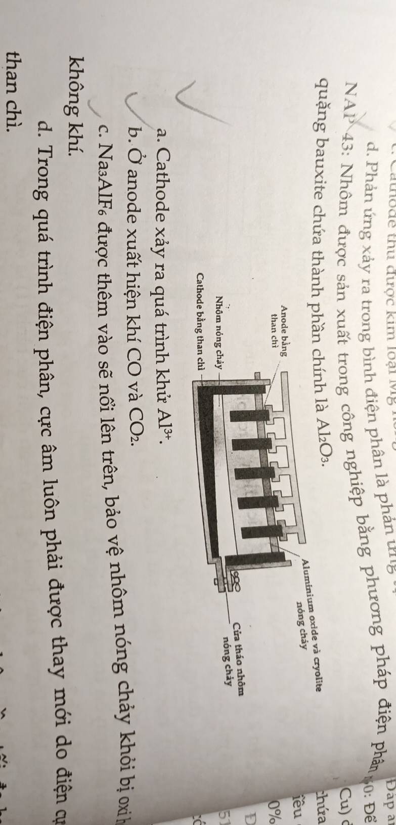 lode thu được kim loại M8 DĐapa
d. Phản ứng xảy ra trong bình điện phân là phản ứng
NAP 43: Nhôm được sản xuất trong công nghiệp bằng phương pháp điện phân 6 : Để
Cu) d
quặng bauxite chứa thành phần chính là Al₂O₃.
và cryolite
chứa
iều
0%
D
51
`(
a. Cathode xảy ra quá trình khử Al^(3+).
b. Ở anode xuất hiện khí CO và C ().
c. Na₃AlF được thêm vào sẽ nổi lên trên, bảo vệ nhôm nóng chảy khỏi bị oxih
không khí.
d. Trong quá trình điện phân, cực âm luôn phải được thay mới do điện cự
than chì.