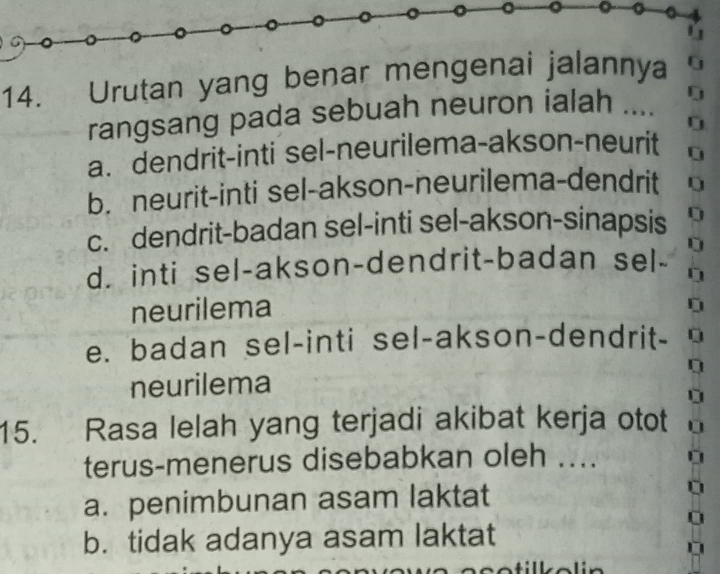 Urutan yang benar mengenai jalannya
rangsang pada sebuah neuron ialah .... .
D
a. dendrit-inti sel-neurilema-akson-neurit
b. neurit-inti sel-akson-neurilema-dendrit
c. dendrit-badan sel-inti sel-akson-sinapsis 0
d. inti sel-akson-dendrit-badan sel- D
neurilema
e. badan sel-inti sel-akson-dendrit-
neurilema Q
D
15. Rasa lelah yang terjadi akibat kerja otot
terus-menerus disebabkan oleh ....
a. penimbunan asam laktat
0
b. tidak adanya asam laktat
I