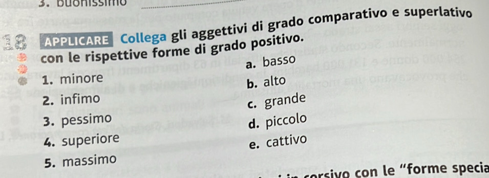 buonissimo
APPLICARE Collega gli aggettivi di grado comparativo e superlativo
con le rispettive forme di grado positivo.
a. basso
1. minore
b. alto
2. infimo
c. grande
3. pessimo
4. superiore d. piccolo
e. cattivo
5. massimo
corsivo con le “forme specia